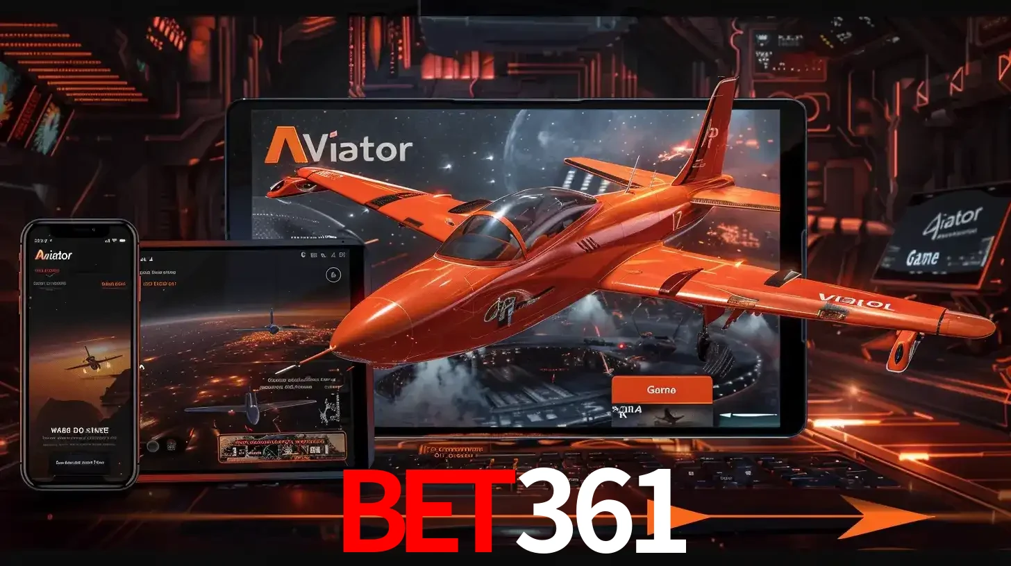 Apresentação tecnológica do jogo Aviator com um avião saindo da tela de um tablet, demonstrando a experiência imersiva em múltiplos dispositivos no bet361.