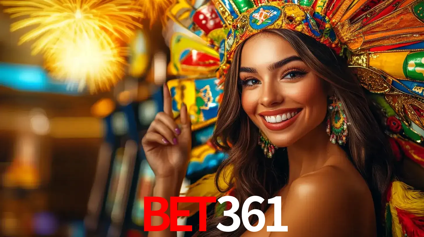 Mulher sorridente com um cocar de carnaval vibrante e colorido, celebrando uma grande vitória nos jogos do cassino bet361 com fogos de artifício ao fundo.
