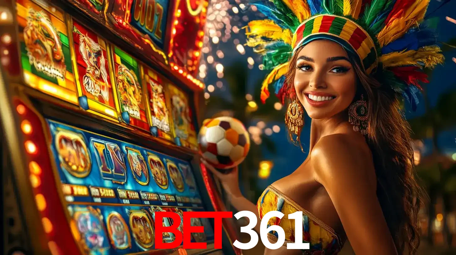 Mulher com um cocar de carnaval ao lado de uma máquina de caça-níqueis enquanto segura uma bola de futebol, mostrando a união da diversão de cassino e esportes no bet361.