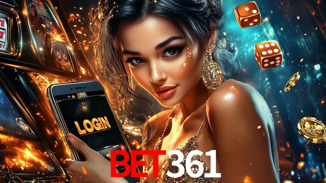 Mulher glamourosa segurando um celular com a tela de login do cassino bet361, rodeada por dados e moedas douradas, pronta para começar a diversão.