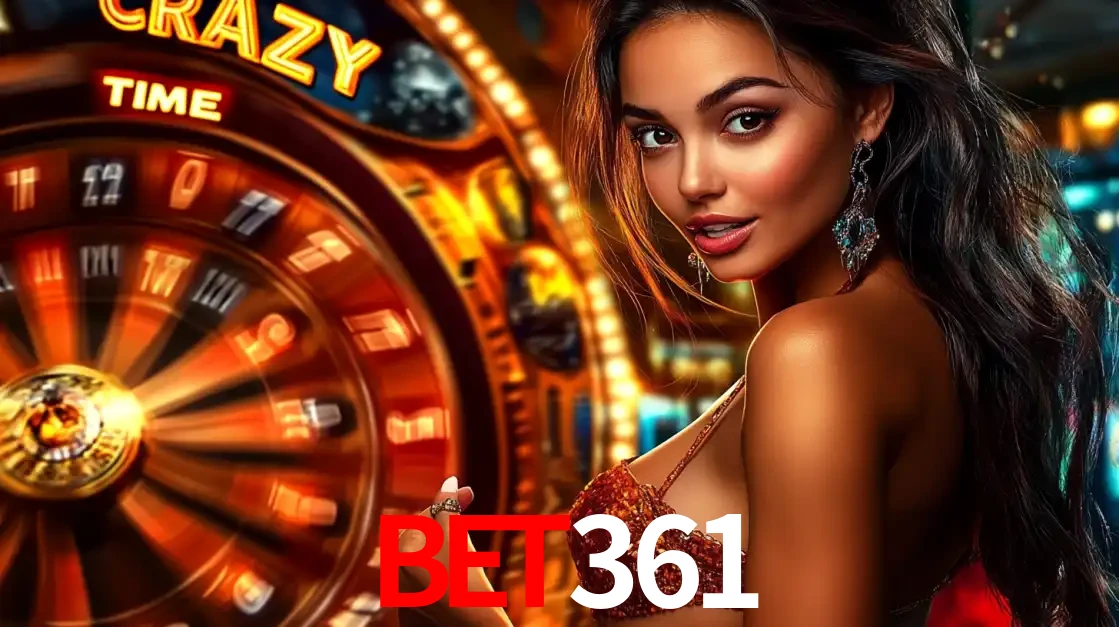 Mulher ao lado da roda de prêmios do jogo de cassino ao vivo Crazy Time, um dos shows de jogos mais emocionantes oferecidos pela plataforma de apostas bet361.