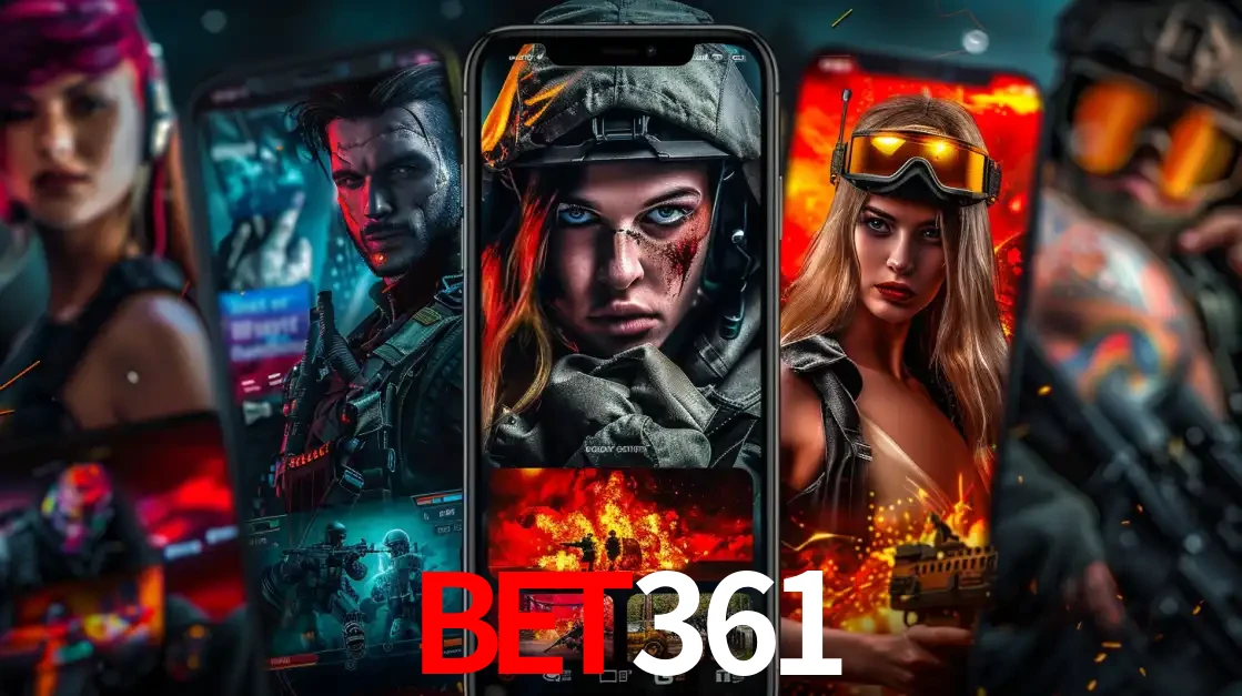 Montagem de telas de celular mostrando diversos personagens, masculinos e femininos, de um jogo de tiro, ilustrando a diversidade de equipes de e-sports para apostar no bet361.