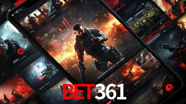 Tela de um celular exibindo uma galeria de jogos de tiro com temática militar, mostrando a variedade de e-sports disponíveis para apostas na plataforma de entretenimento bet361.