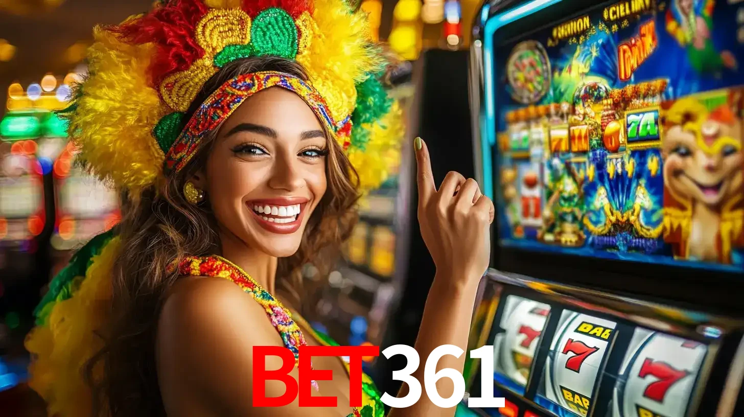 Mulher animada com um cocar de carnaval apontando para uma máquina de caça-níqueis, mostrando a emoção de ganhar um grande prêmio nos jogos do bet361.