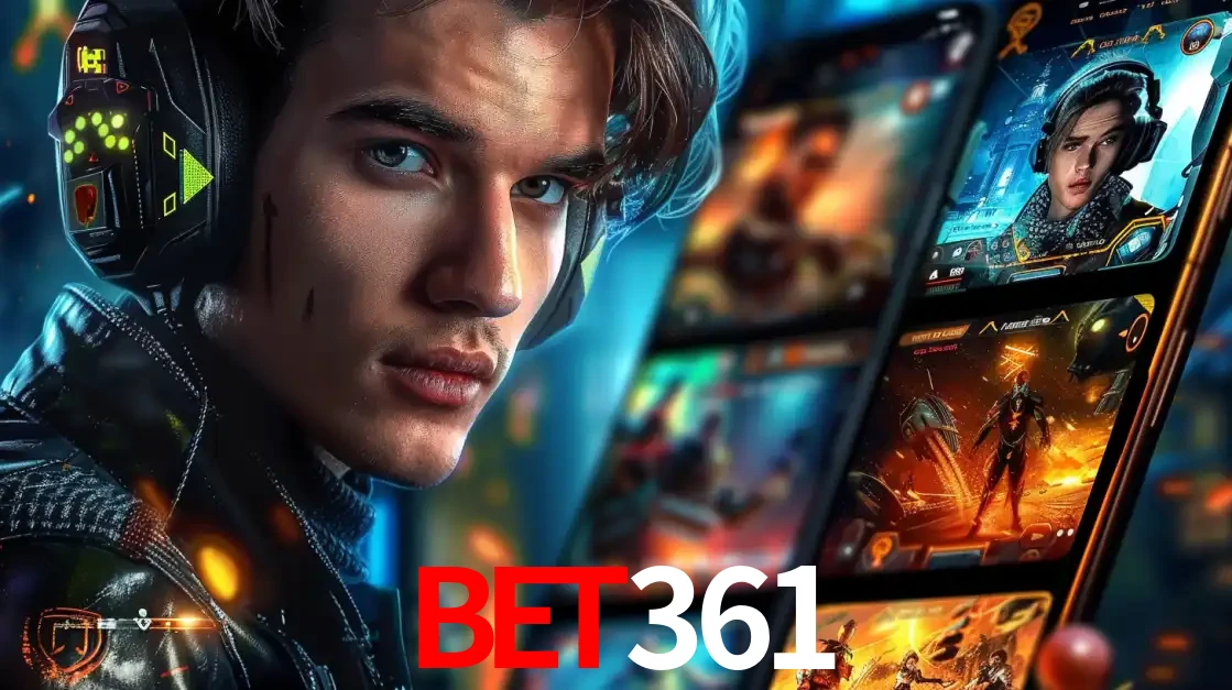Jovem jogador com fones de ouvido olhando para a câmera, com um aplicativo de jogos e e-sports para celular ao fundo, pronto para a competição e apostas no bet361.