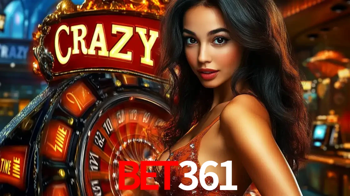 Mulher glamourosa olhando para a câmera com a roda vermelha do Crazy Time ao fundo em um ambiente de cassino, destacando a emoção dos jogos ao vivo no bet361.