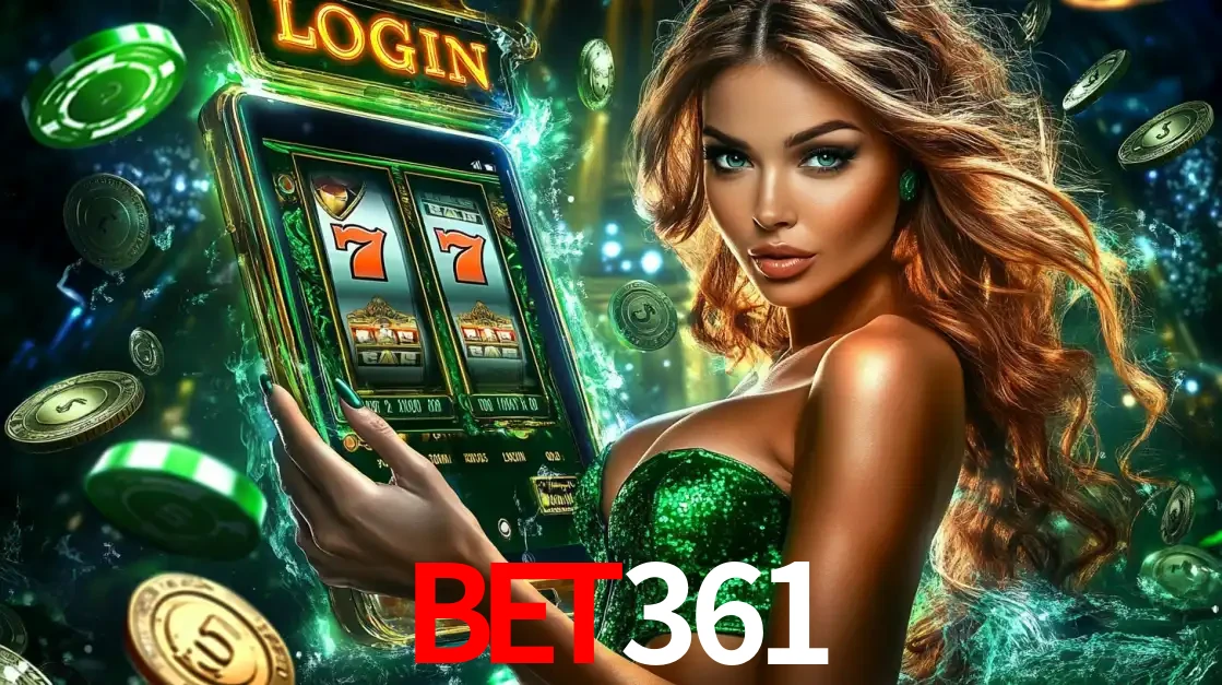 Mulher com tema verde apresentando o aplicativo do cassino bet361 com um jogo de slot de 777, cercada por fichas de cassino e uma aura de sorte.