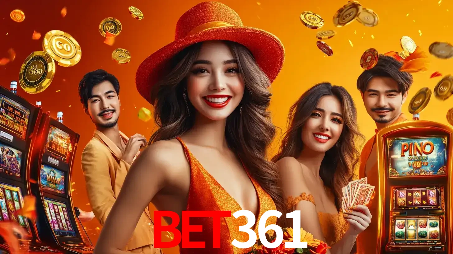 Grupo de amigos asiáticos sorrindo e se divertindo com máquinas de caça-níqueis em um ambiente festivo, celebrando suas vitórias nos jogos de cassino do bet361.