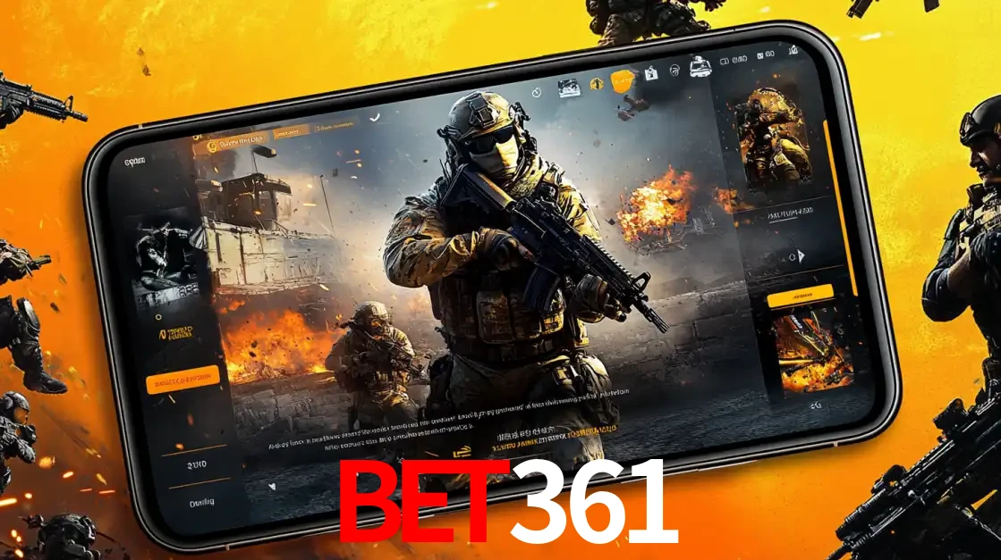 Um smartphone exibindo a interface de um jogo de tiro em primeira pessoa, com um soldado em um cenário de batalha, representando a ação dos e-sports para apostar no bet361.