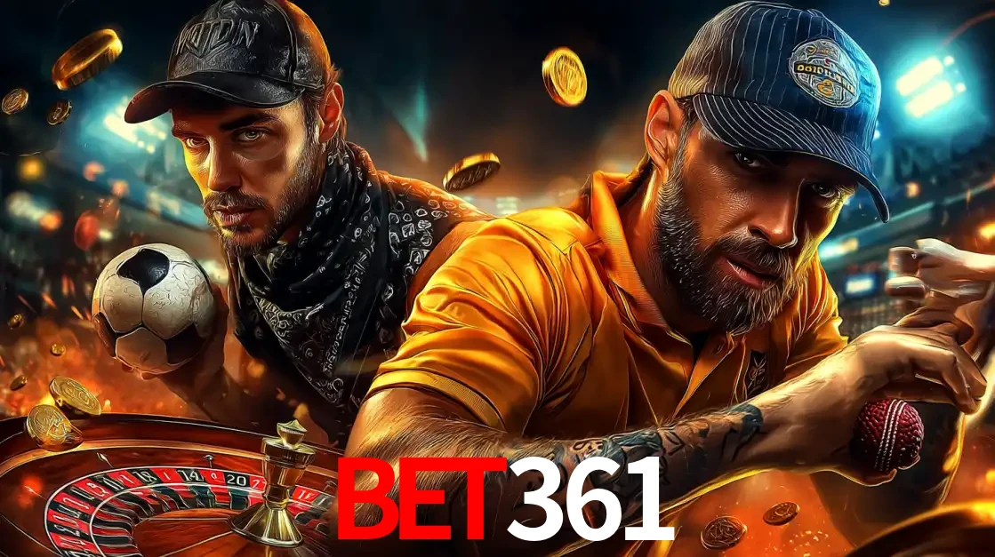 Montagem de apostas esportivas e cassino no bet361, com um homem segurando uma bola de futebol e outro uma de beisebol sobre uma roleta e moedas voadoras.