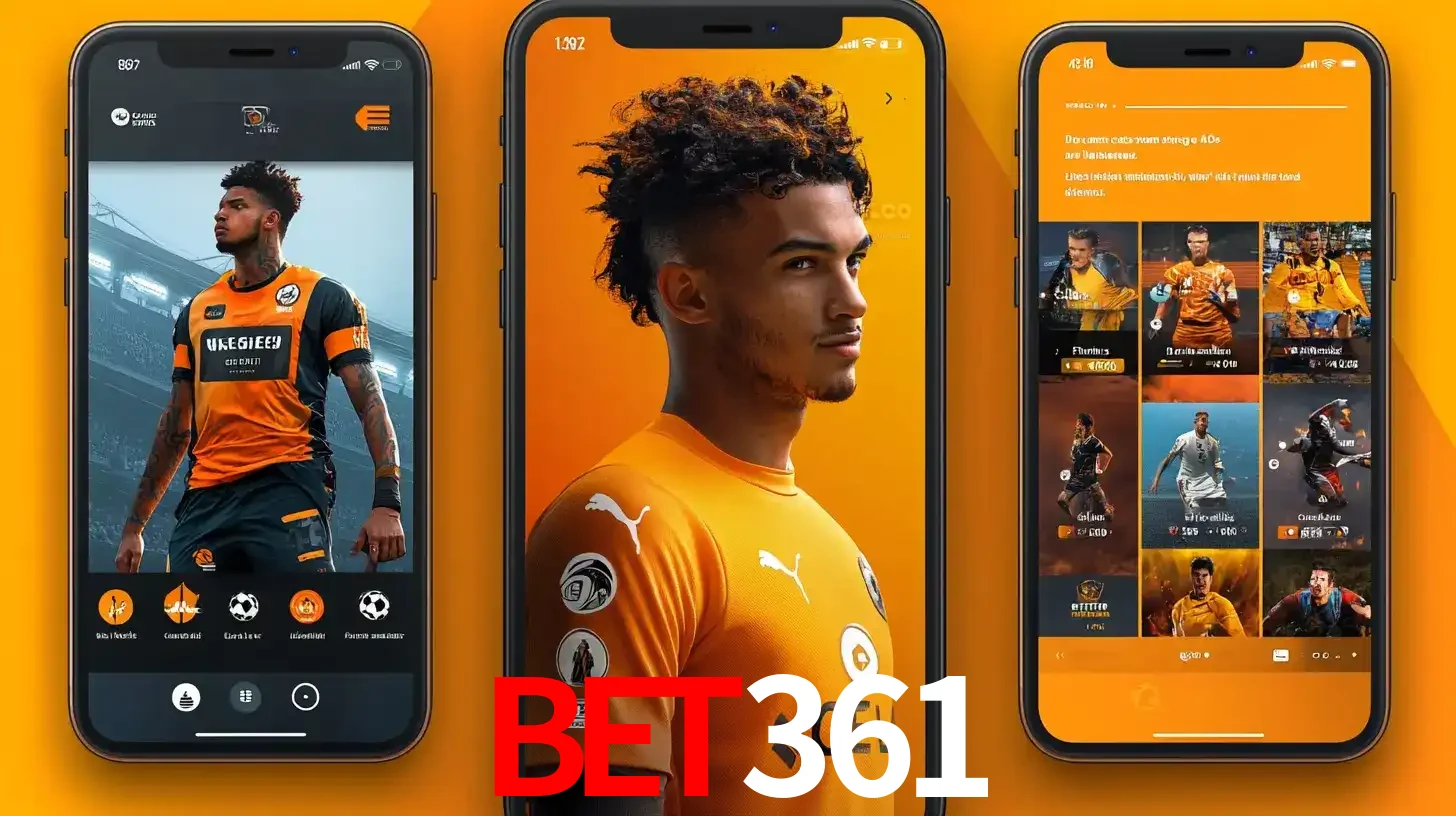 Interface do aplicativo de apostas esportivas bet361 em três telas de celular, mostrando o perfil de um jogador de futebol e a lista de jogos disponíveis para apostar.