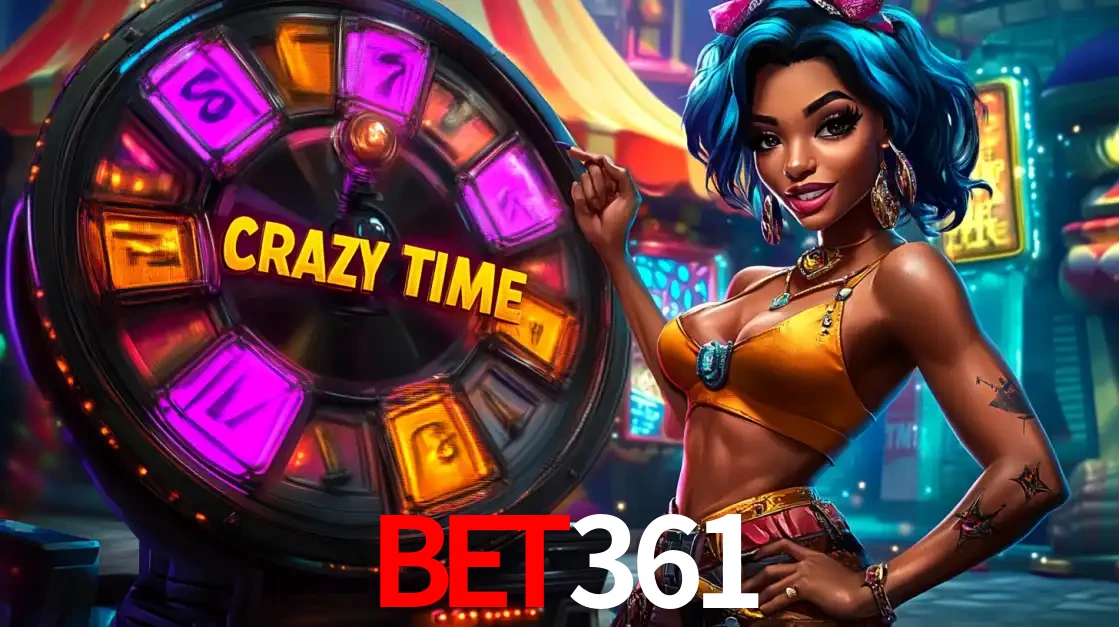 Mulher estilizada com cabelo azul e visual vibrante posando ao lado da roda de prêmios do game show Crazy Time, convidando para a diversão e os bônus do cassino bet361.