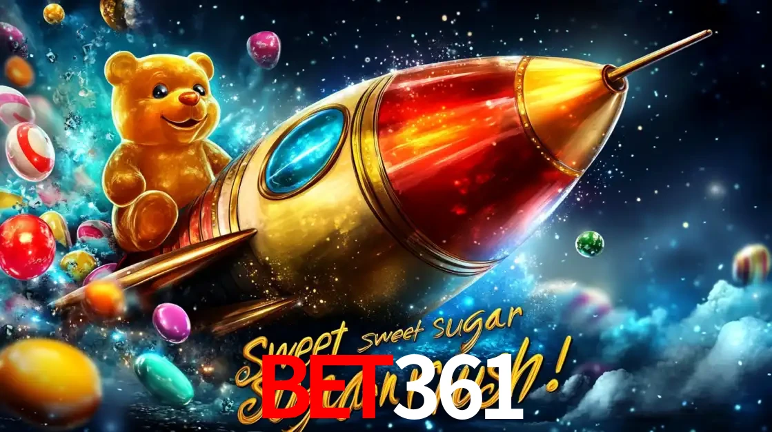 Arte promocional do jogo de slot Sugar Rush, com um urso de pelúcia em um foguete viajando pelo espaço de doces, um dos jogos divertidos disponíveis no cassino bet361.