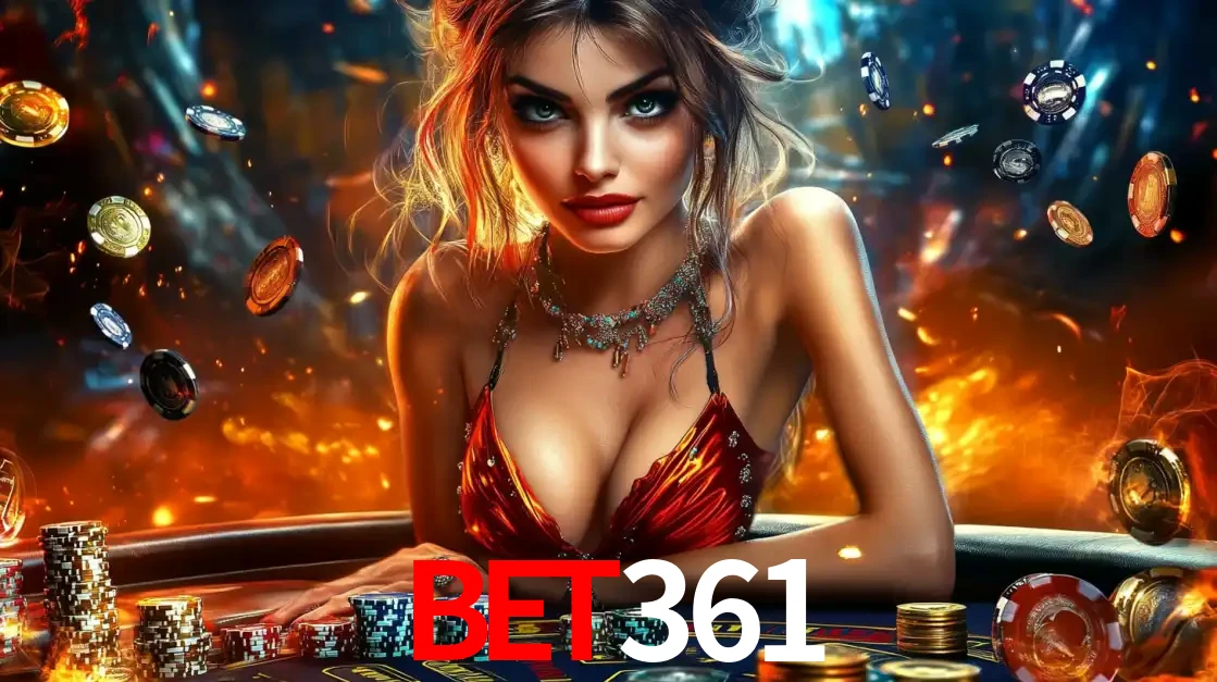 Mulher em uma mesa de cassino com pilhas de fichas e um fundo de fogo, pronta para uma rodada de altas apostas nos jogos de mesa emocionantes do cassino bet361.