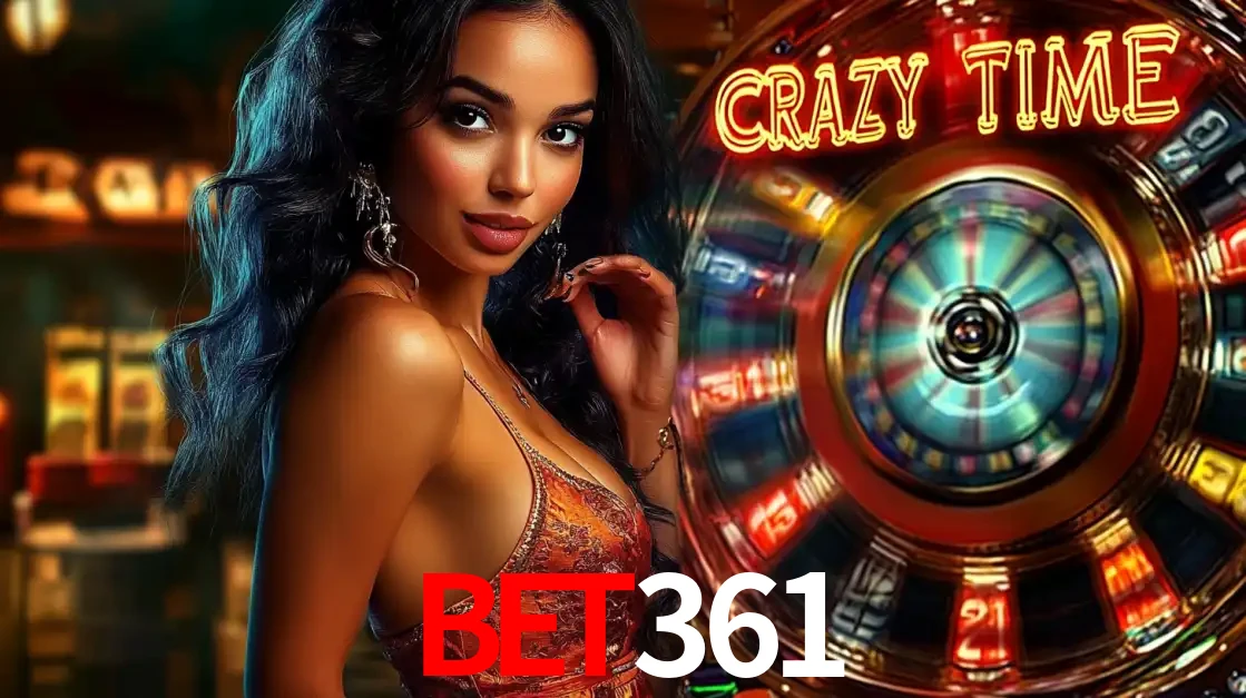 Mulher elegante ao lado da vibrante roda da fortuna do jogo de cassino ao vivo Crazy Time, um dos game shows mais populares e cheios de prêmios do bet361.