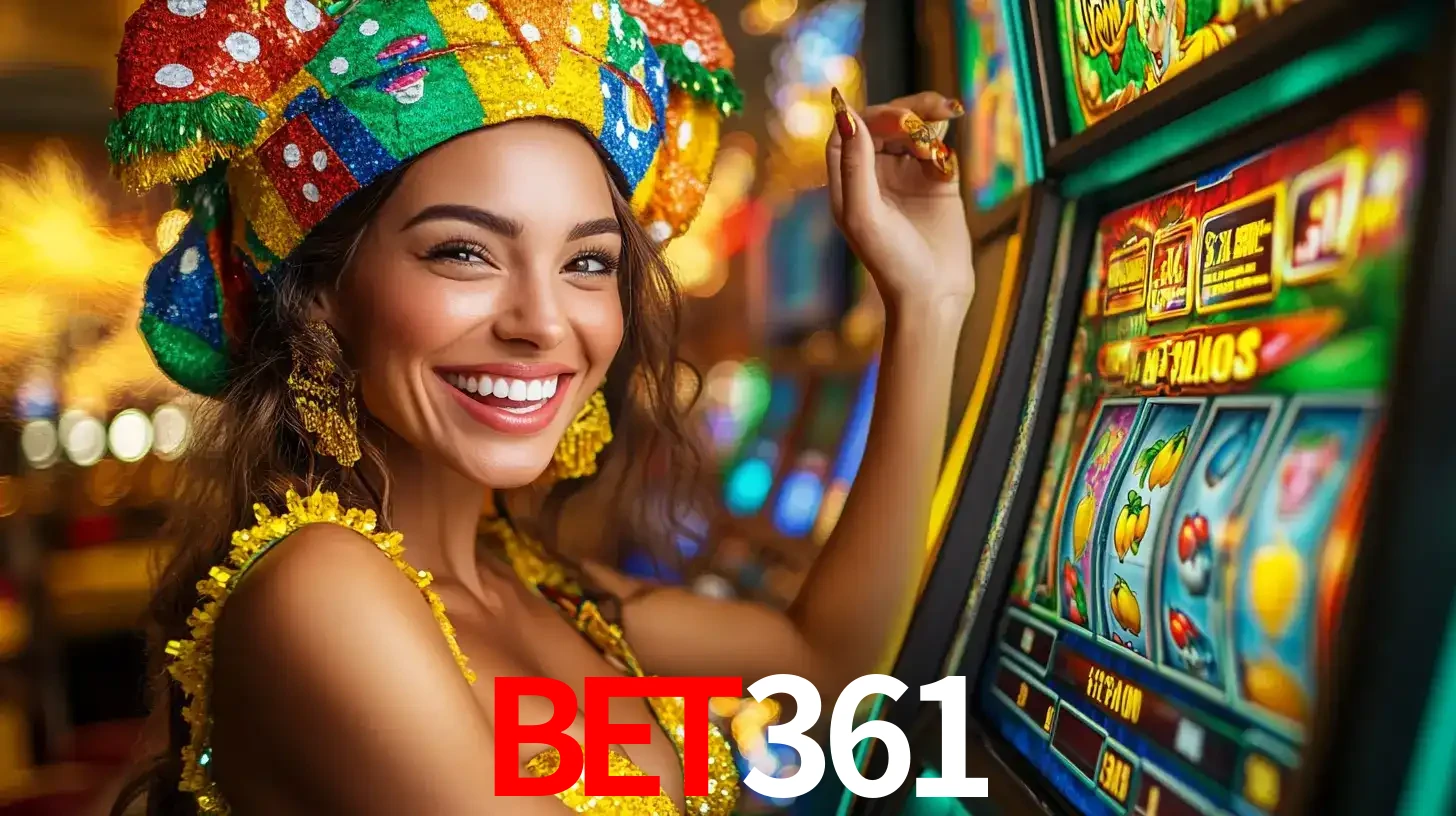 Mulher feliz com traje de carnaval amarelo e colorido ao lado de uma máquina de caça-níqueis, aproveitando a diversão e os jogos temáticos do cassino bet361.