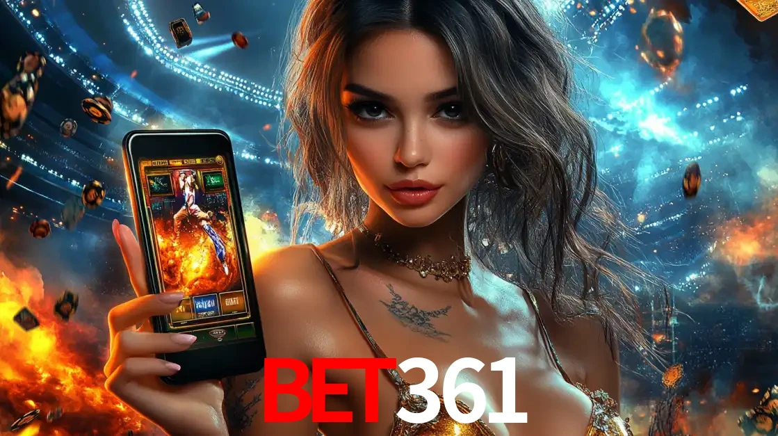 Mulher segurando um celular com um jogo de slot em destaque, tendo como fundo um estádio vibrante, simbolizando a emoção de jogar no cassino móvel bet361.