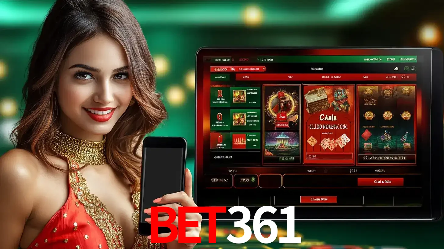 Mulher sorridente segurando um smartphone, ao lado de uma tela exibindo o lobby de jogos do cassino online bet361, com várias opções de jogos de cartas e slots.